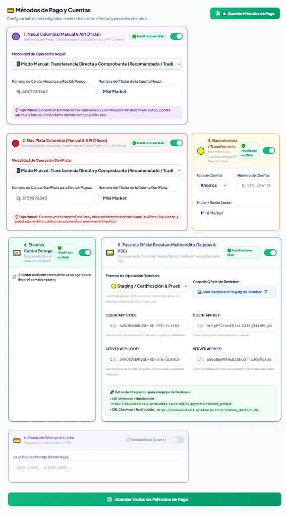 Configuración de Métodos de Pago y Cuentas en QRColombia